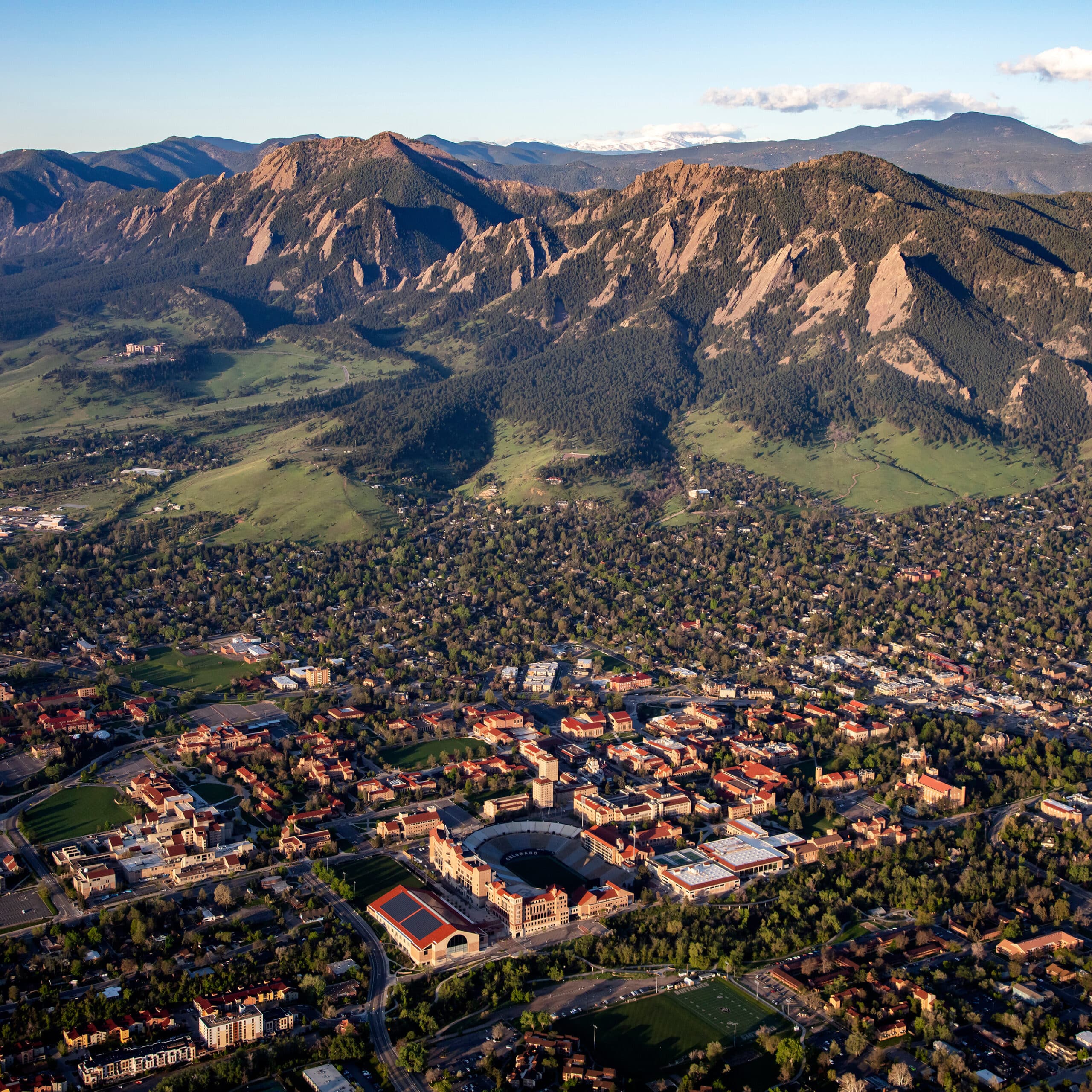 An aerial view University of Colorado Boulder Campus, Boulder Colorado, Flatirons