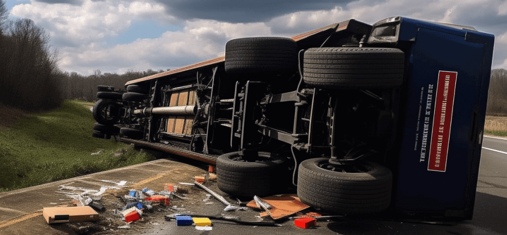 A semi truck on its side with scattered debris