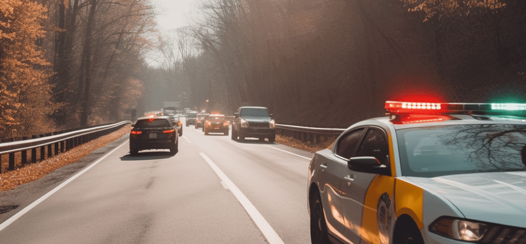 A police car with lights flashing speeds ahead of other traffic