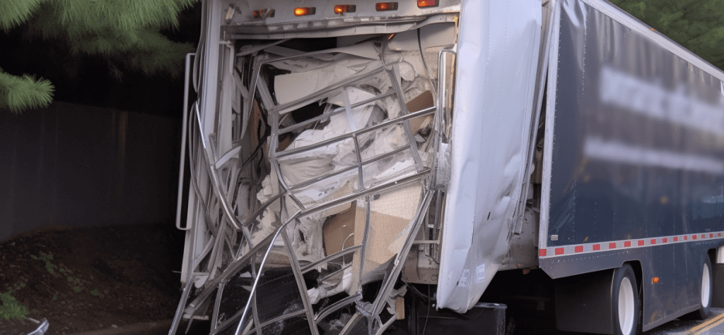 The back of an Amazon semi that was hit in an accident