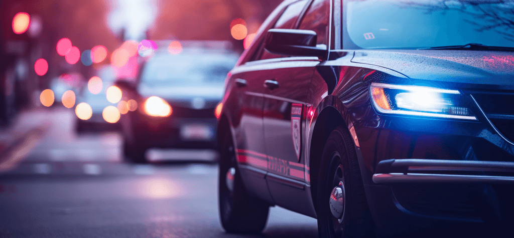 An emergency vehicle drives in traffic