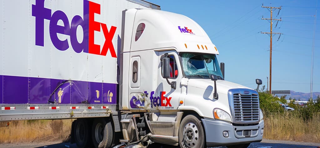 A jack-knifed FedEx semi truck