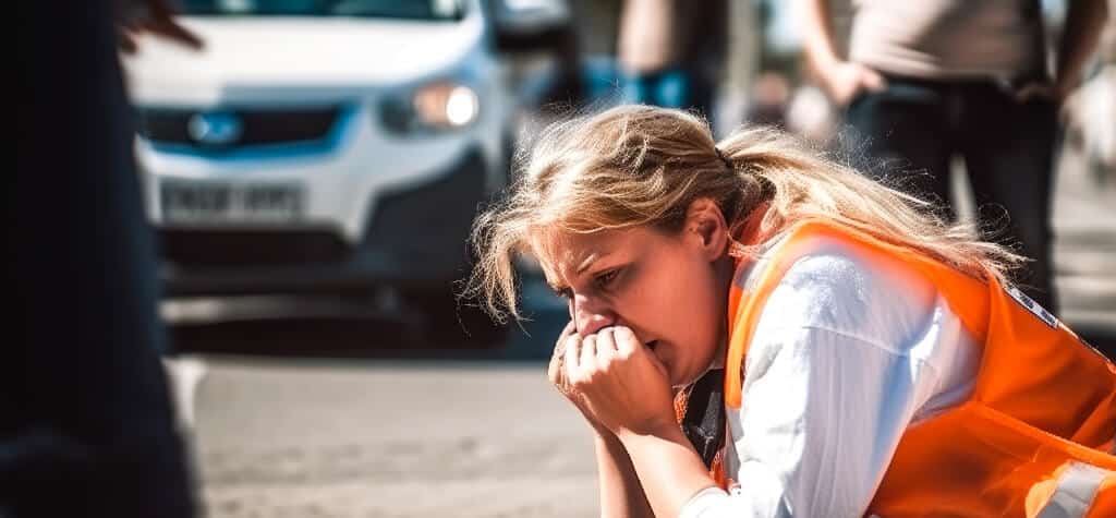 A woman sits on the site of the road crying