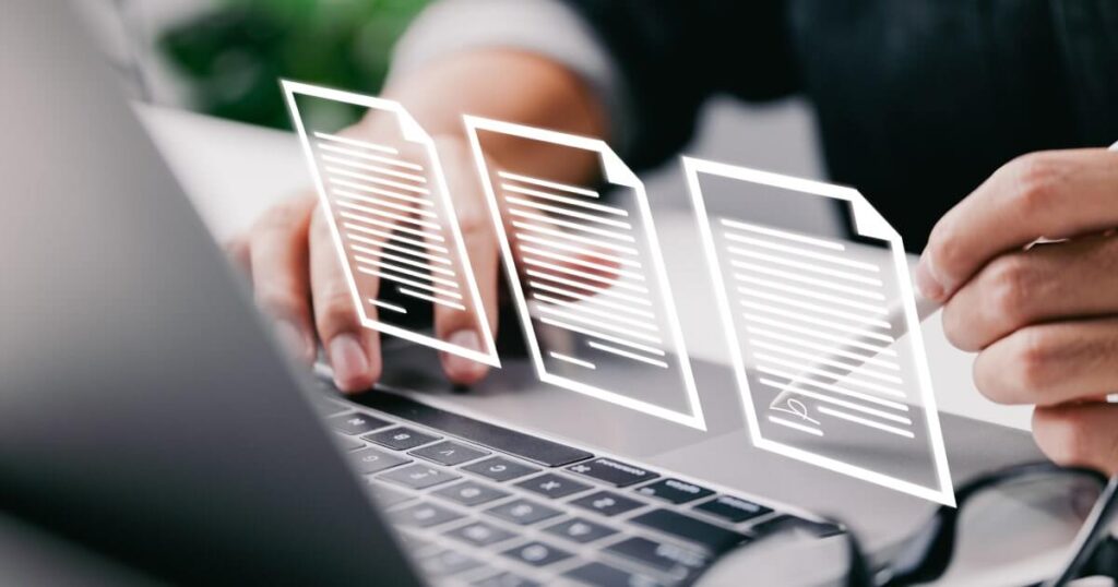 A depiction of a person reviewing online documents