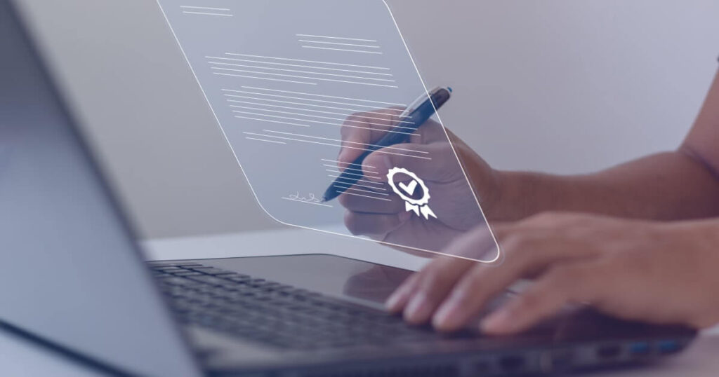 A depiction of a person signing online documents